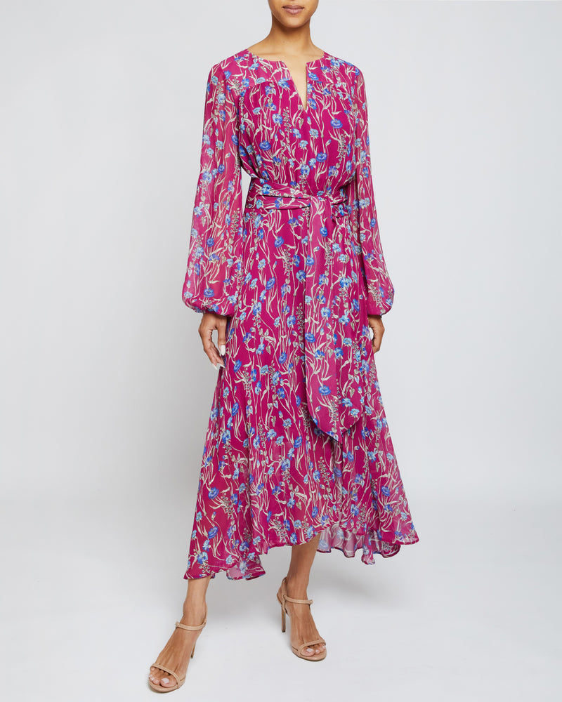 AUBREE Long Sleeve Midi Dress in Floral Printed Georgette