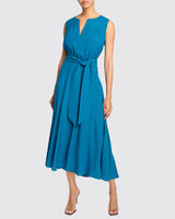 MIRA Sleeveless Midi Dress with Hi-Lo Hemline in Silk Crepe de Chine