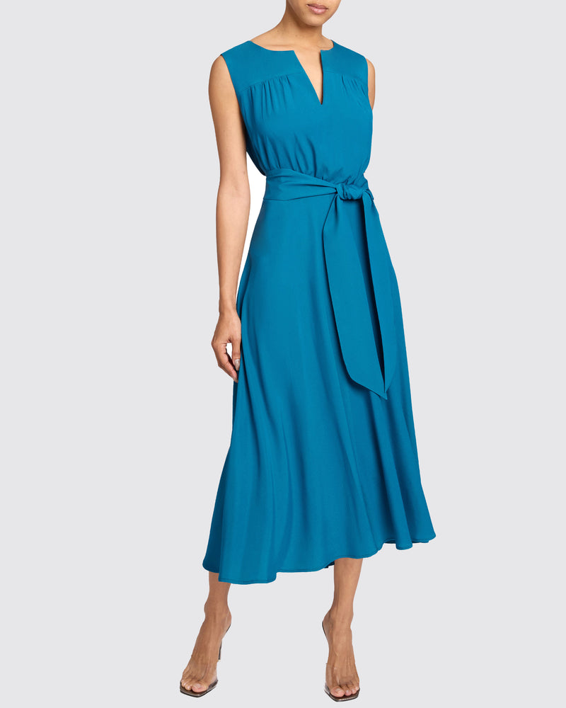 MIRA Sleeveless Midi Dress with Hi-Lo Hemline in Silk Crepe de Chine