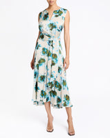 MIRA Sleeveless Midi Dress with Hi-Lo Hemline in Abstract Floral Print