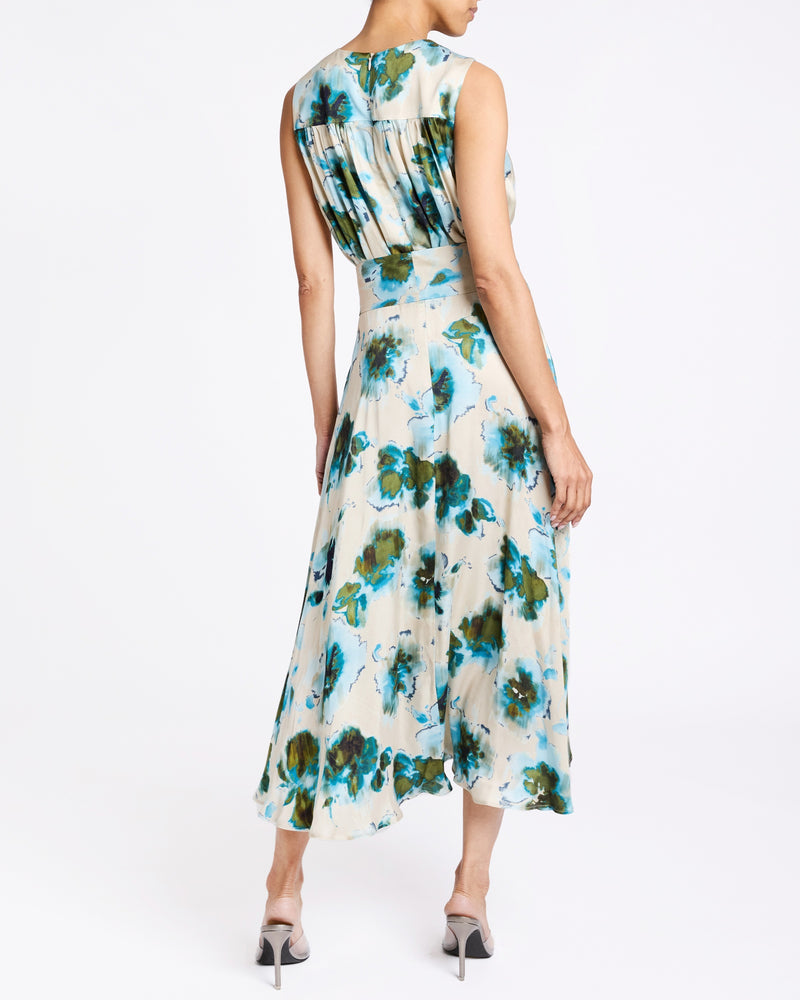 MIRA Sleeveless Midi Dress with Hi-Lo Hemline in Abstract Floral Print