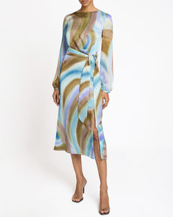 DORIA Long Sleeve Midi Dress with Waist Tie in Abstract Swirl Print