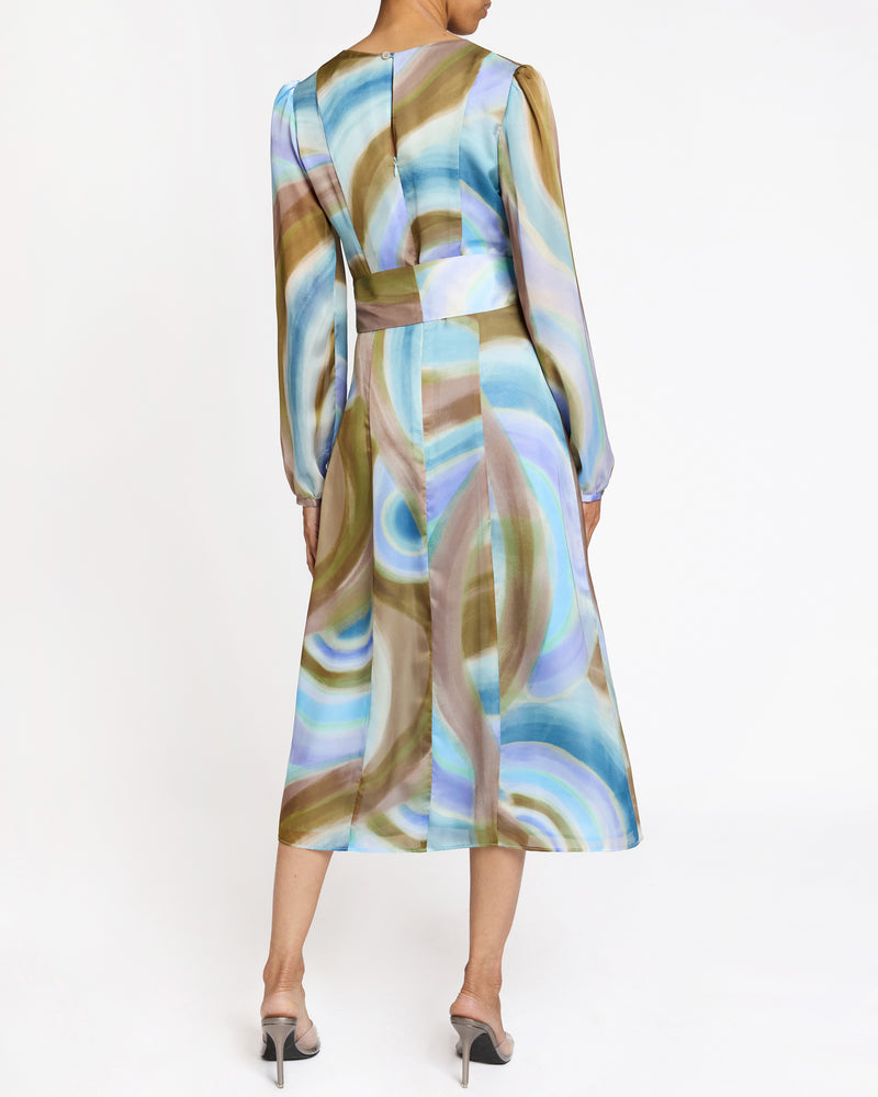 DORIA Long Sleeve Midi Dress with Waist Tie in Abstract Swirl Print