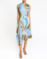 CECILIA Sleeveless Midi Dress with Asymmetrical Hemline in Abstract Swirl Print