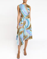 CECILIA Sleeveless Midi Dress with Asymmetrical Hemline in Abstract Swirl Print