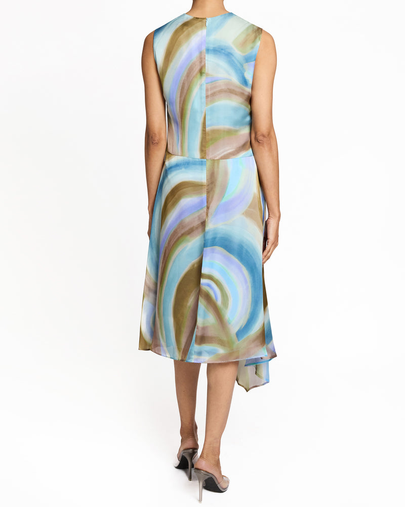 CECILIA Sleeveless Midi Dress with Asymmetrical Hemline in Abstract Swirl Print