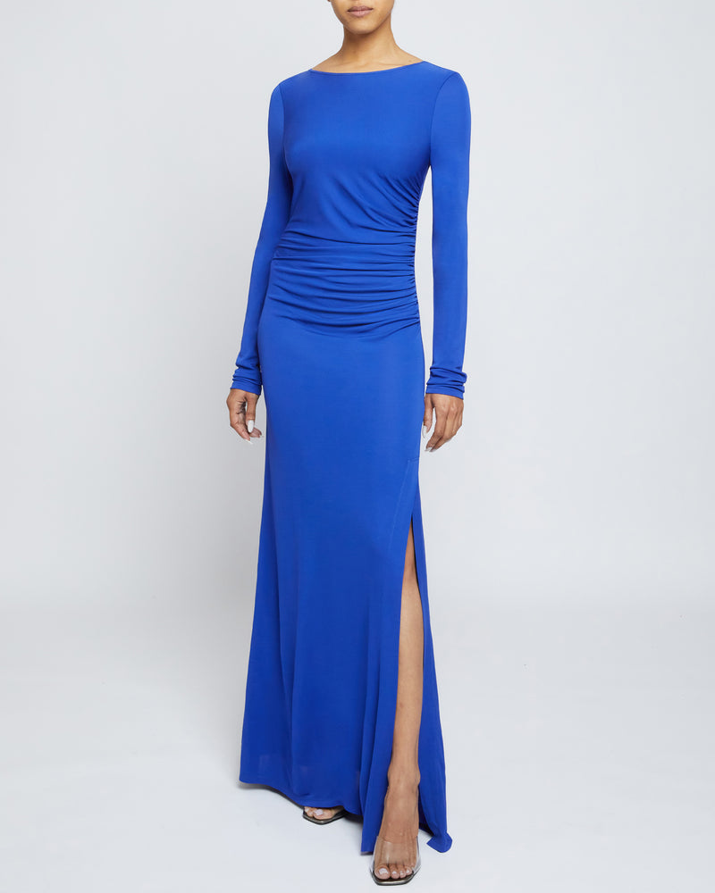 ABBY Long Sleeve Maxi Dress with Side Ruching in Fluid Jersey