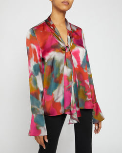 AMANDA Long Sleeve Print Blouse with Drop Neck Tie