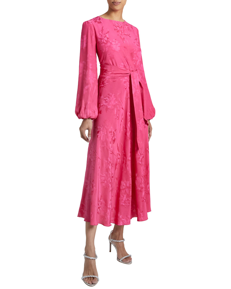 CALLIE Long Sleeve Midi Dress in Fuchsia Tonal Jacquard