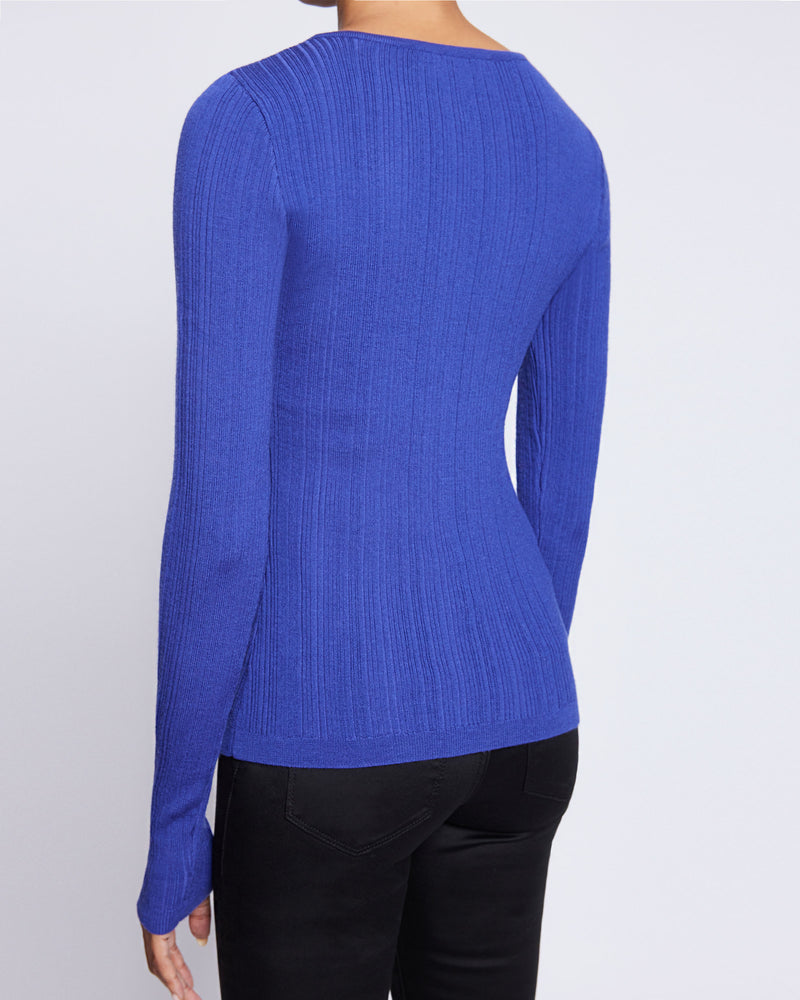 CHARLENE Ribbed Keyhole Knit Top in Merino Wool