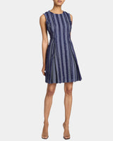 IDA Sleeveless Shift Dress with Skirt Zipper Detail in Stripe Fringed Denim