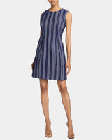 IDA Sleeveless Shift Dress with Skirt Zipper Detail in Stripe Fringed Denim