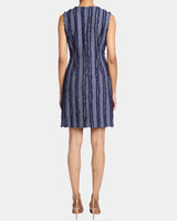 IDA Sleeveless Shift Dress with Skirt Zipper Detail in Stripe Fringed Denim