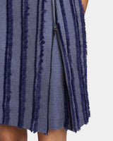 IDA Sleeveless Shift Dress with Skirt Zipper Detail in Stripe Fringed Denim