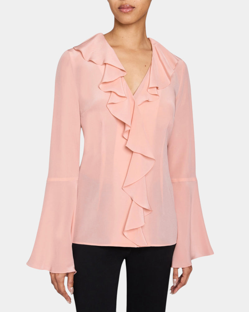 SYDNEY Long Sleeve Ruffle Neck Blouse in Silk Crepe de Chine.