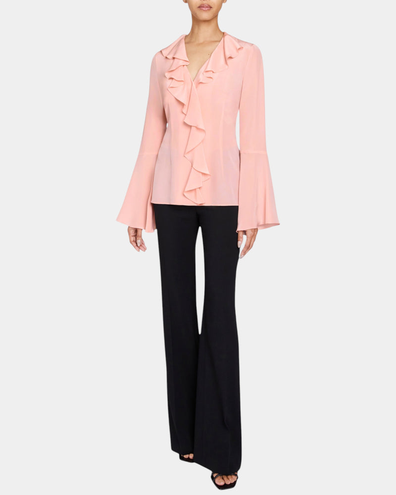 SYDNEY Long Sleeve Ruffle Neck Blouse in Silk Crepe de Chine.