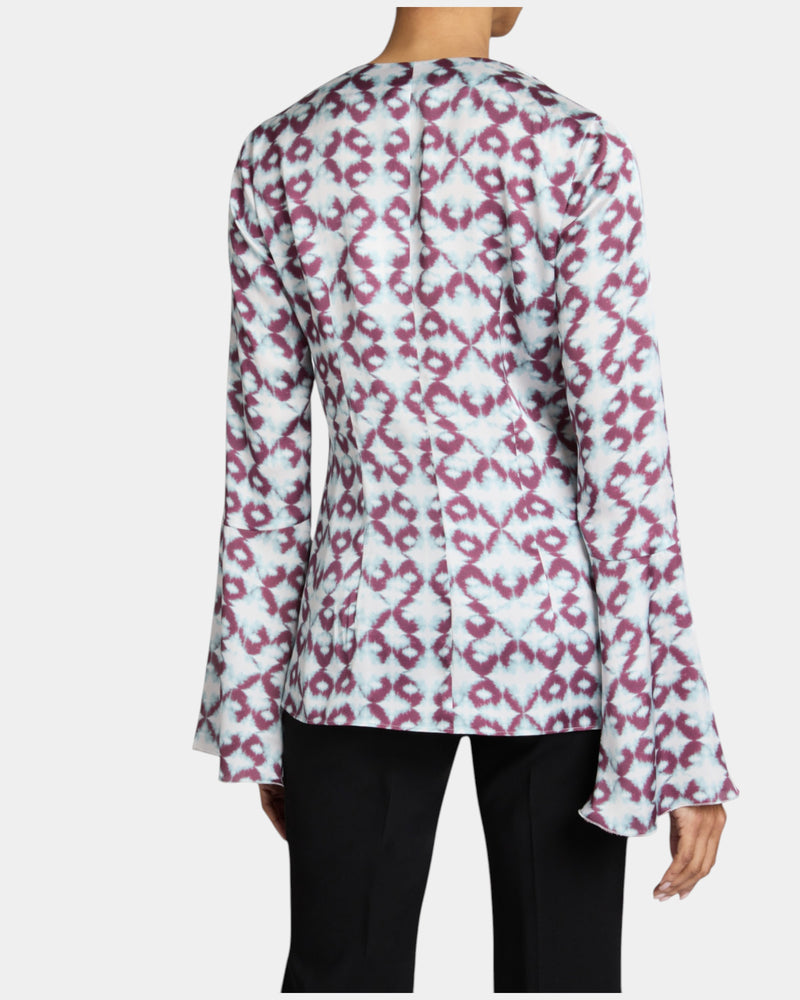 SYDNEY Long Sleeve Ruffle Blouse in Graphic Printed Matte Charmeuse.