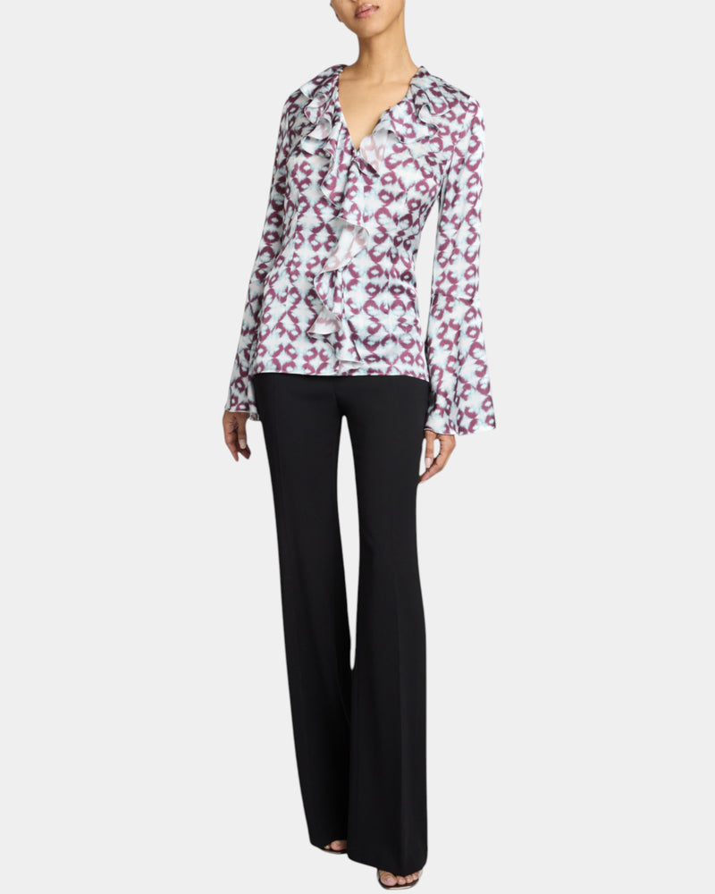 SYDNEY Long Sleeve Ruffle Blouse in Graphic Printed Matte Charmeuse.