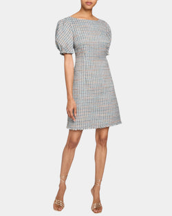 VIOLET A-Line Shift Dress with Puff Sleeves in Luxury Tweed with Lurex