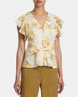 ELLA Flutter Sleeve Buttoned Blouse with Waist Panel in Floral Printed Cotton Cloque