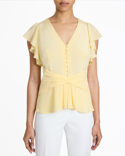 ELLA Silk Flutter Sleeve Buttoned Blouse with Waist Panel