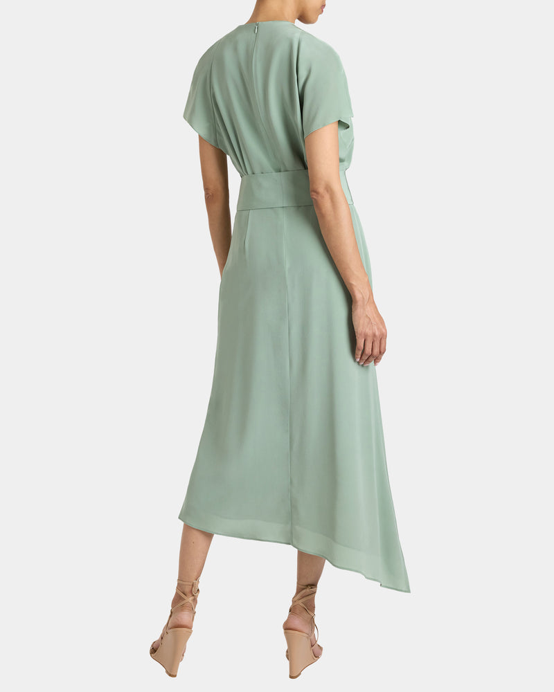 HALEY Cap Sleeve Silk Faux Wrap Hi Lo Midi Dress