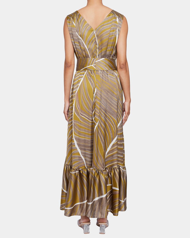LANITA Sleeveless Fit and Flare Hi Lo Dress in Botanical Printed Charmeuse