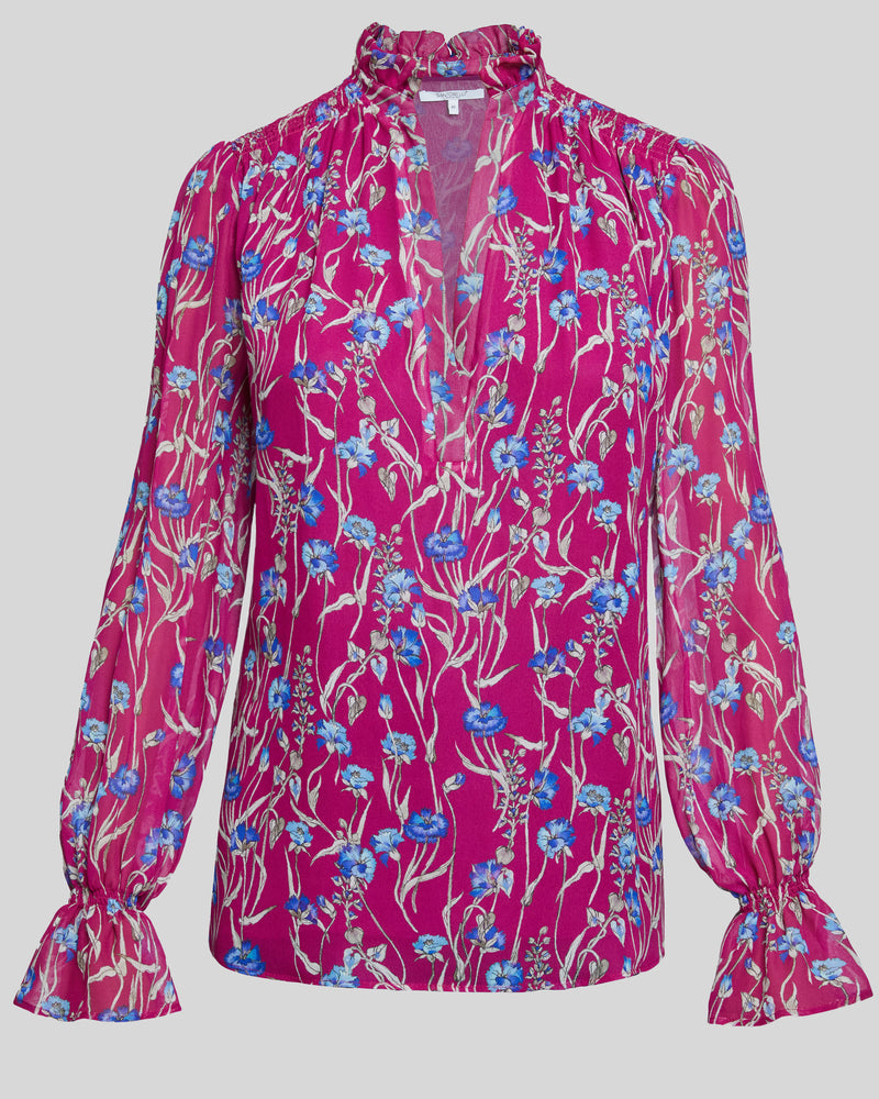 CHELSEA Long Sleeve Ruffle Neck Blouse in Floral Printed Georgette