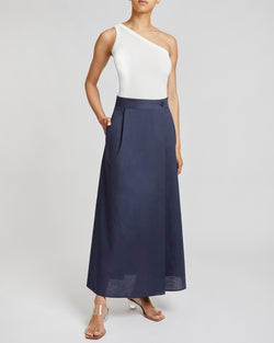 DREW A-Line Midi Cotton Skirt with Buttoned Waistband