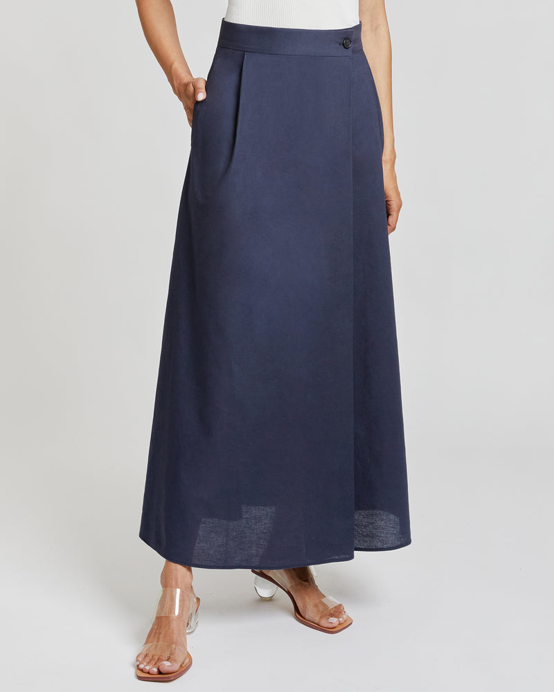 DREW A-Line Midi Cotton Skirt with Buttoned Waistband