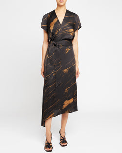 HALEY Silk Asymmetric Faux Wrap Midi Dress in Abstract Crepe