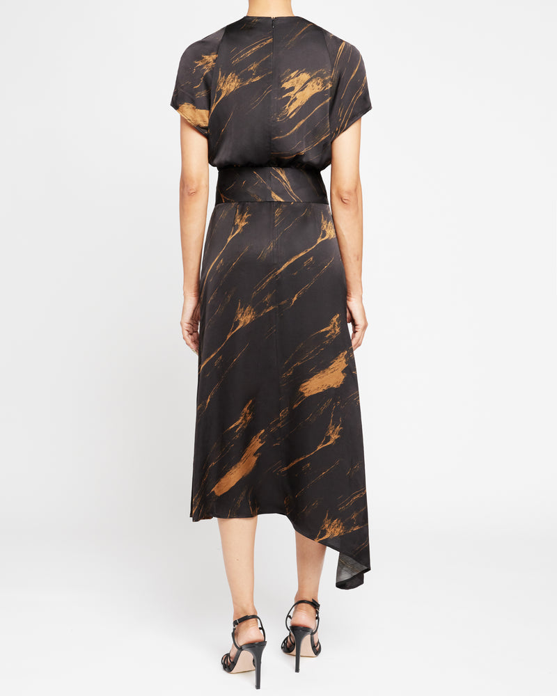 HALEY Silk Asymmetric Faux Wrap Midi Dress in Abstract Crepe