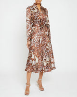 IRINA Long Sleeve Ruffle-Neck Midi Dress in Abstract Floral Silk