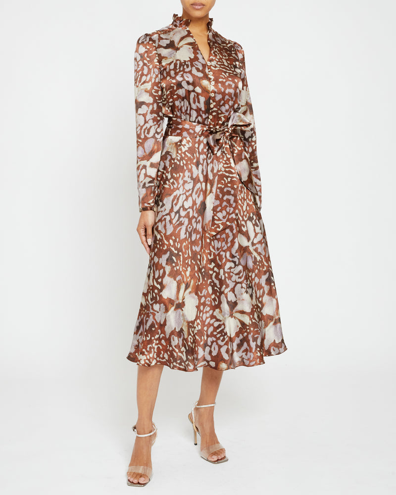 IRINA Long Sleeve Ruffle-Neck Midi Dress in Abstract Floral Silk