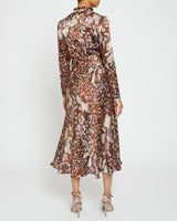 IRINA Long Sleeve Ruffle-Neck Midi Dress in Abstract Floral Silk