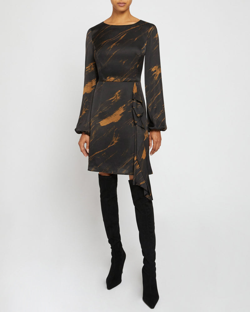 MALIA Long Sleeve Dress with Side Ruffle Panel in Abstract Print