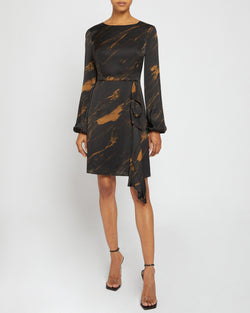 MALIA Long Sleeve Dress with Side Ruffle Panel in Abstract Print