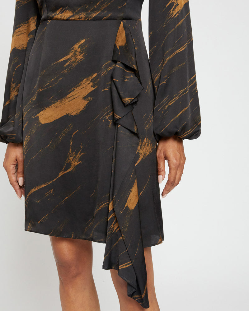 MALIA Long Sleeve Dress with Side Ruffle Panel in Abstract Print