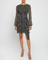 MALIA Long Sleeve Dress with Side Ruffle Panel in Abstract Floral Print