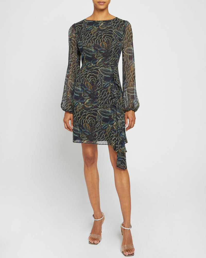 MALIA Long Sleeve Dress with Side Ruffle Panel in Abstract Floral Print