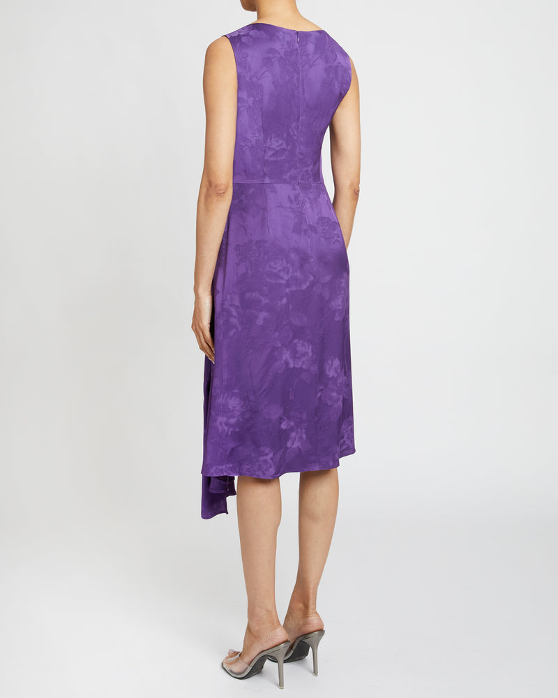 NICA Sleeveless Dress with Side Ruffle in Tonal Satin Jacquard