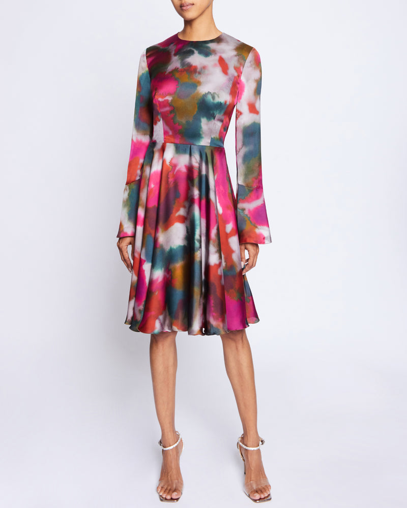 RONI Long Sleeve Knee Length Abstract Printed Flared Dress