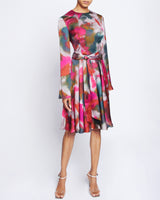 RONI Long Sleeve Knee Length Abstract Printed Flared Dress