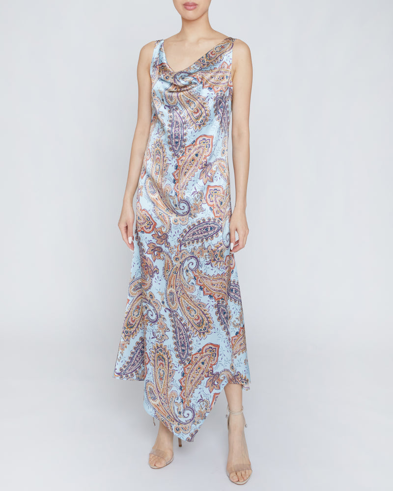 SIMONA Cowl-Neck Silk Midi Dress with Hi-Lo Handkerchief Hemline