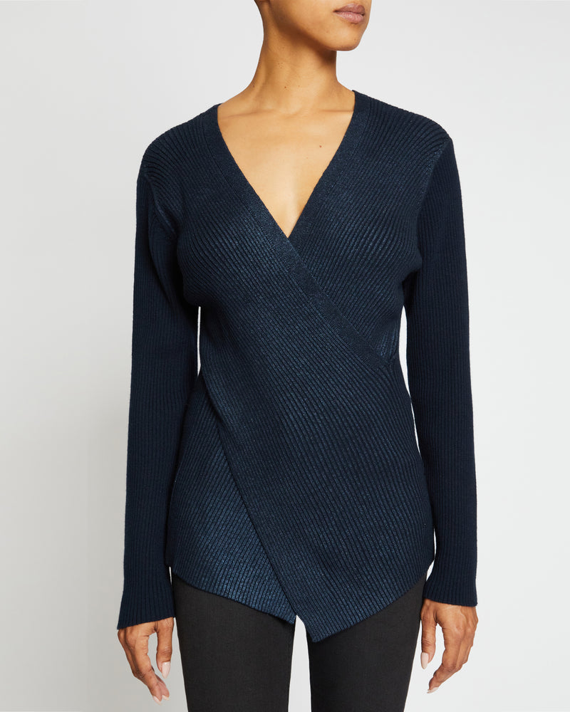 STACY Crossover V-Neck Sweater in Coated Wool Blend