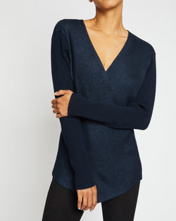 STACY Crossover V-Neck Sweater in Coated Wool Blend