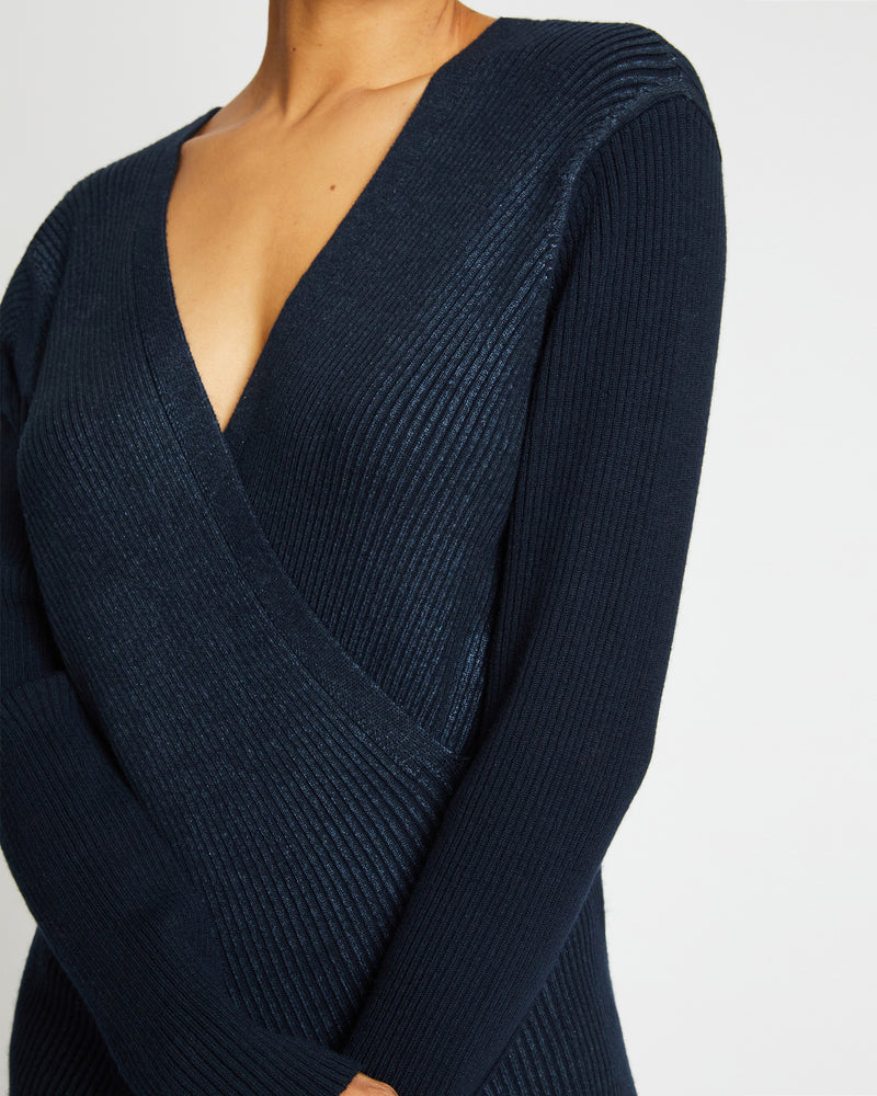 STACY Crossover V-Neck Sweater in Coated Wool Blend