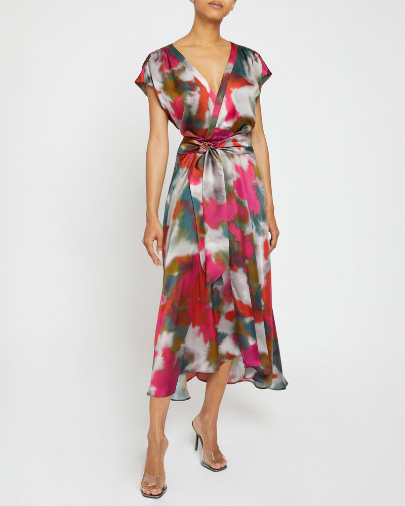 TALIA Faux-Wrap Midi Dress with Hi-Lo Skirt in Abstract Print