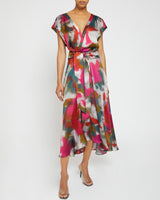 TALIA Faux-Wrap Midi Dress with Hi-Lo Skirt in Abstract Print