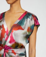 TALIA Faux-Wrap Midi Dress with Hi-Lo Skirt in Abstract Print